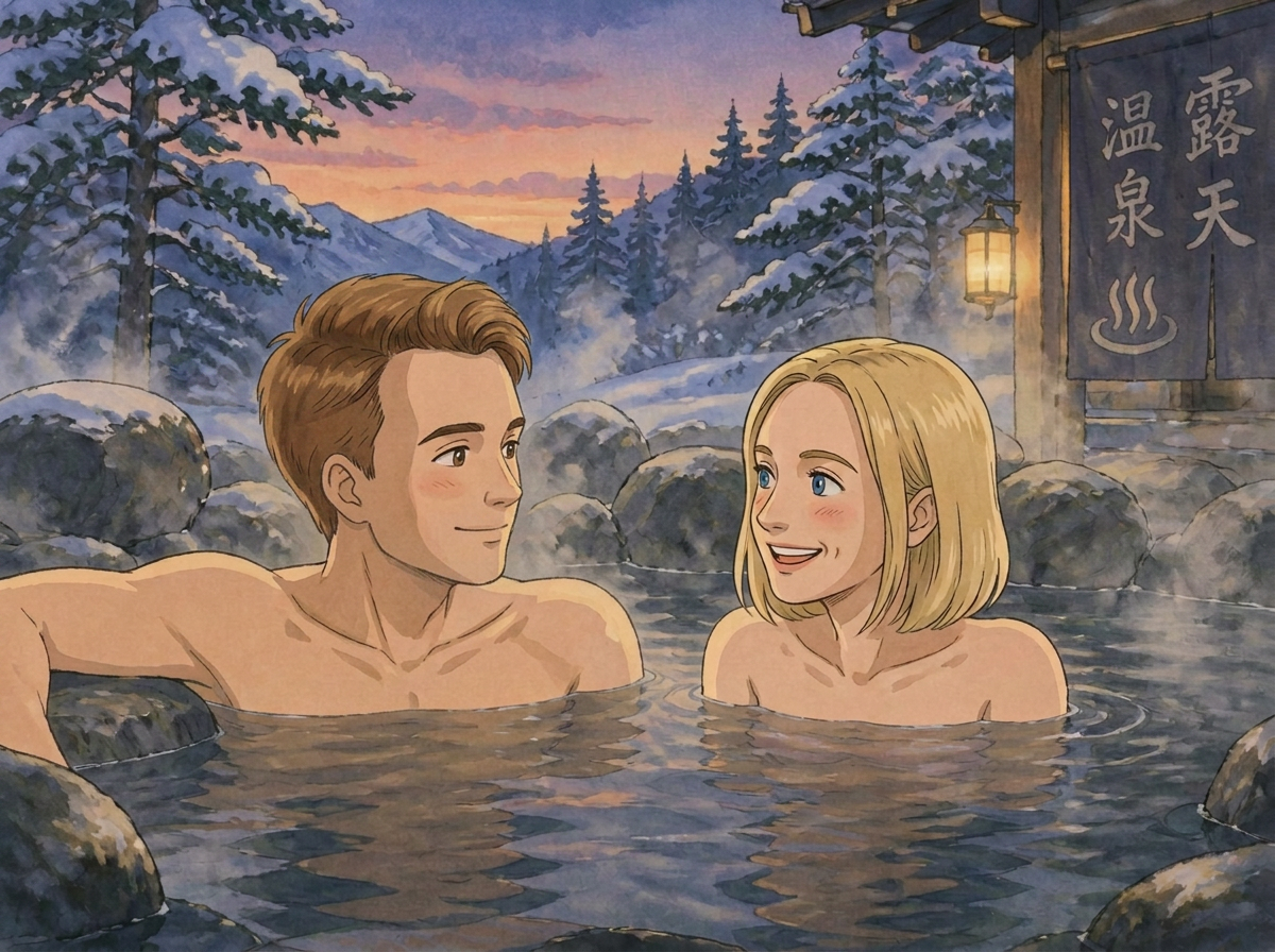 Illustration of a couple in an outdoor hot spring in the snow