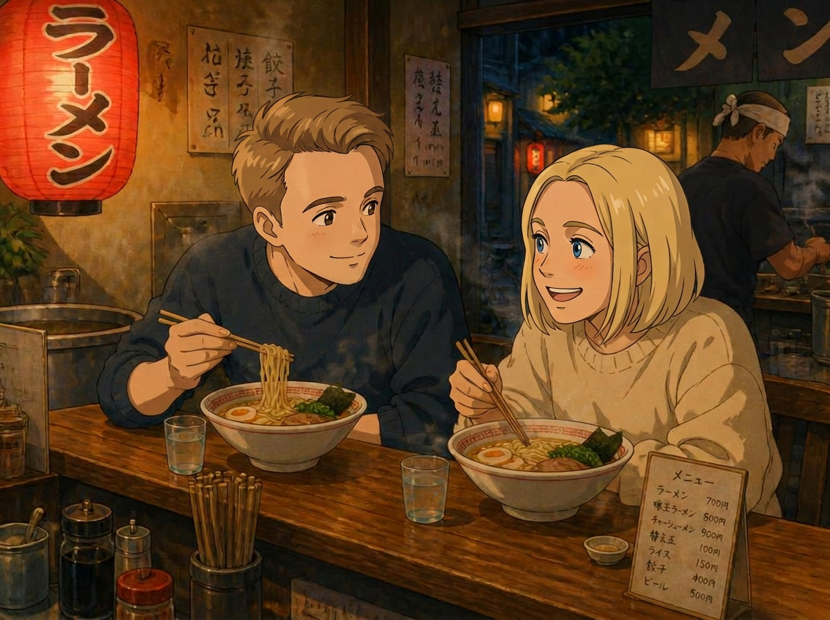 Illustration of a couple eating ramen at a counter