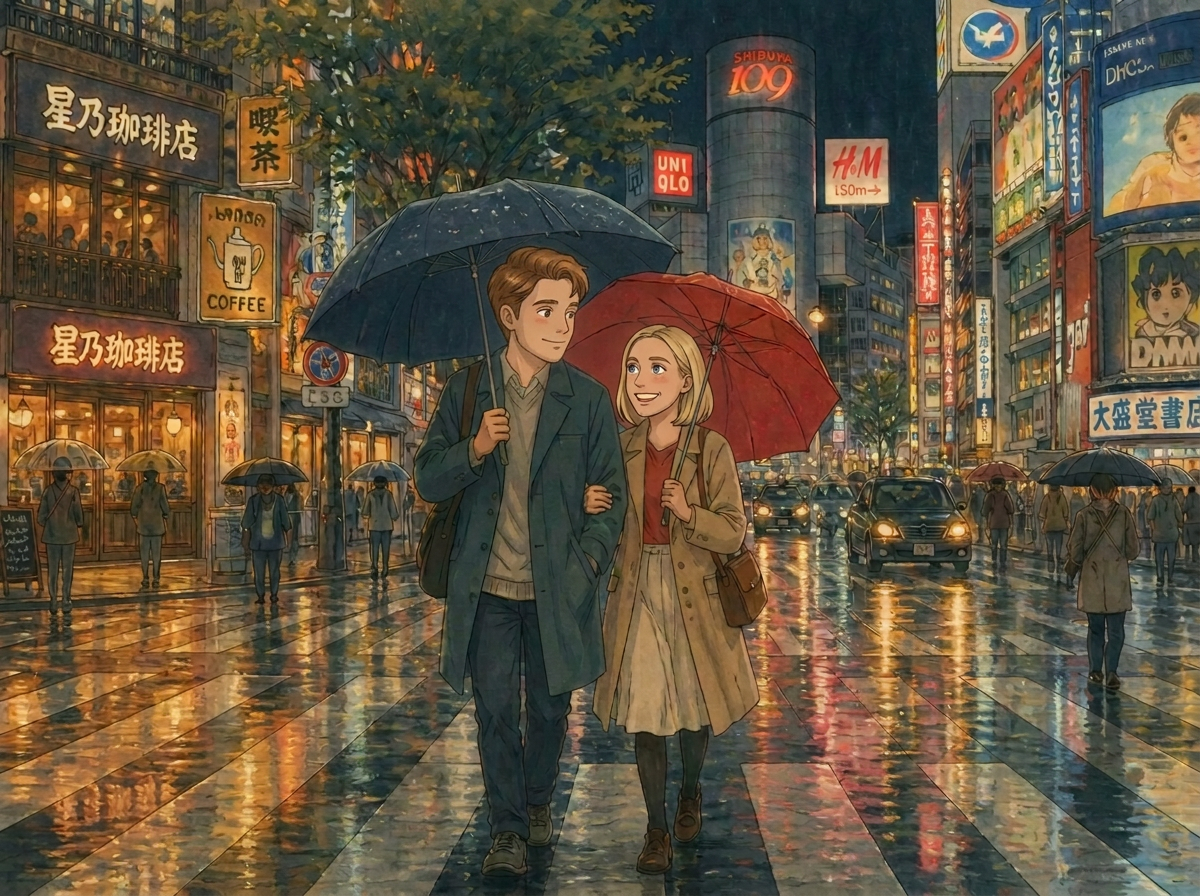 Illustration of a couple with umbrellas in rainy neon Tokyo