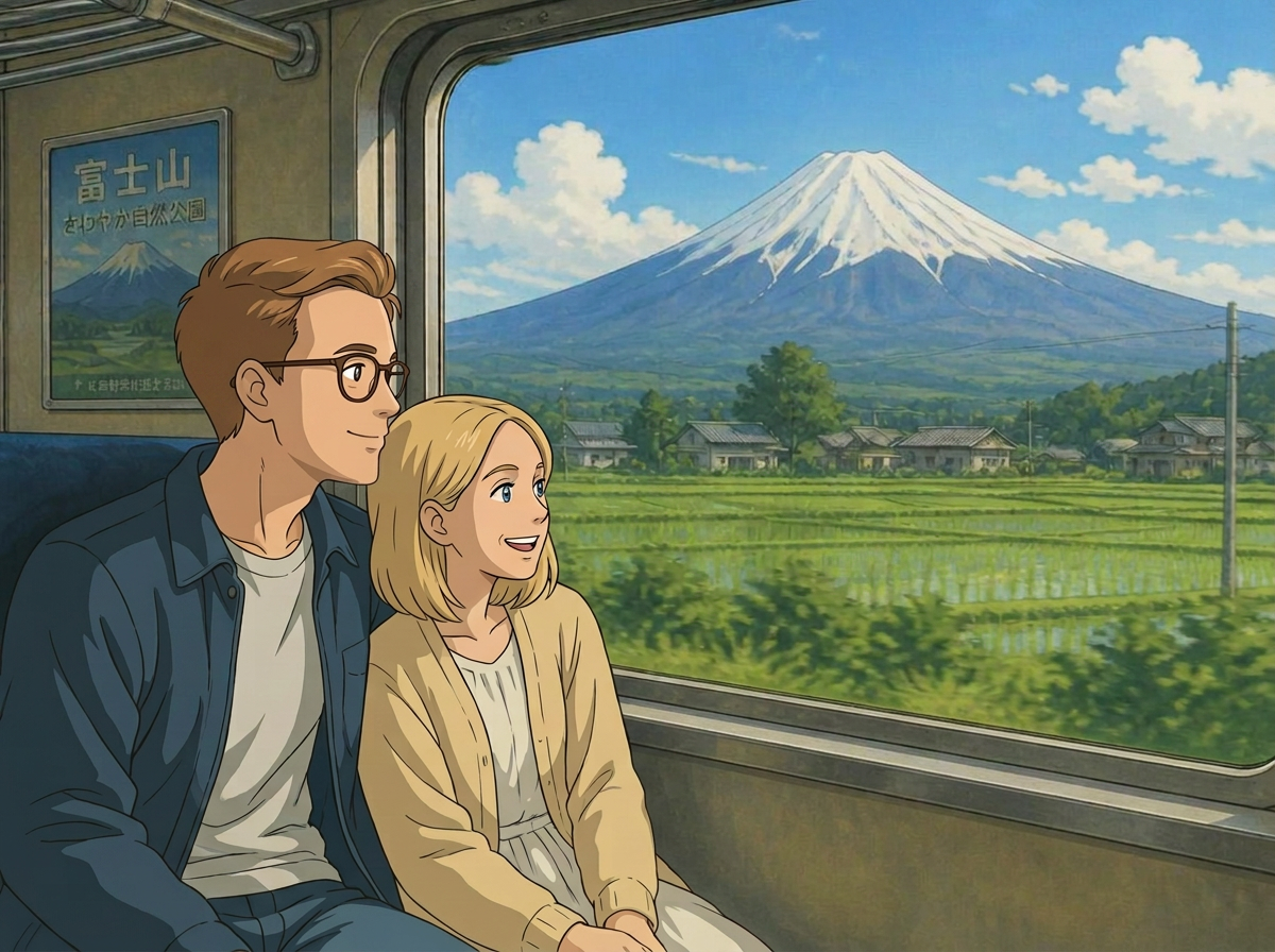 Illustration of a couple on a train looking at Mount Fuji